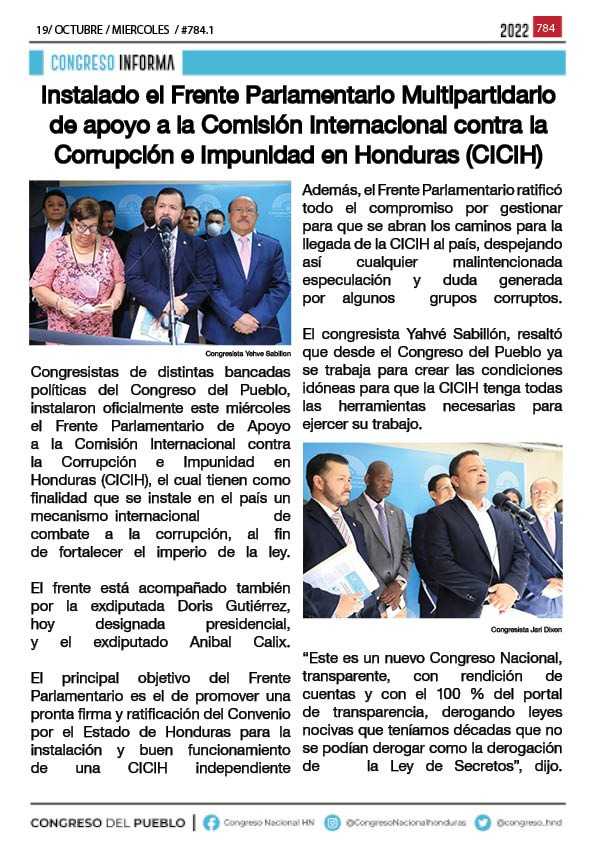 Instalado el Frente Parlamentario  de apoyo a la CICIH